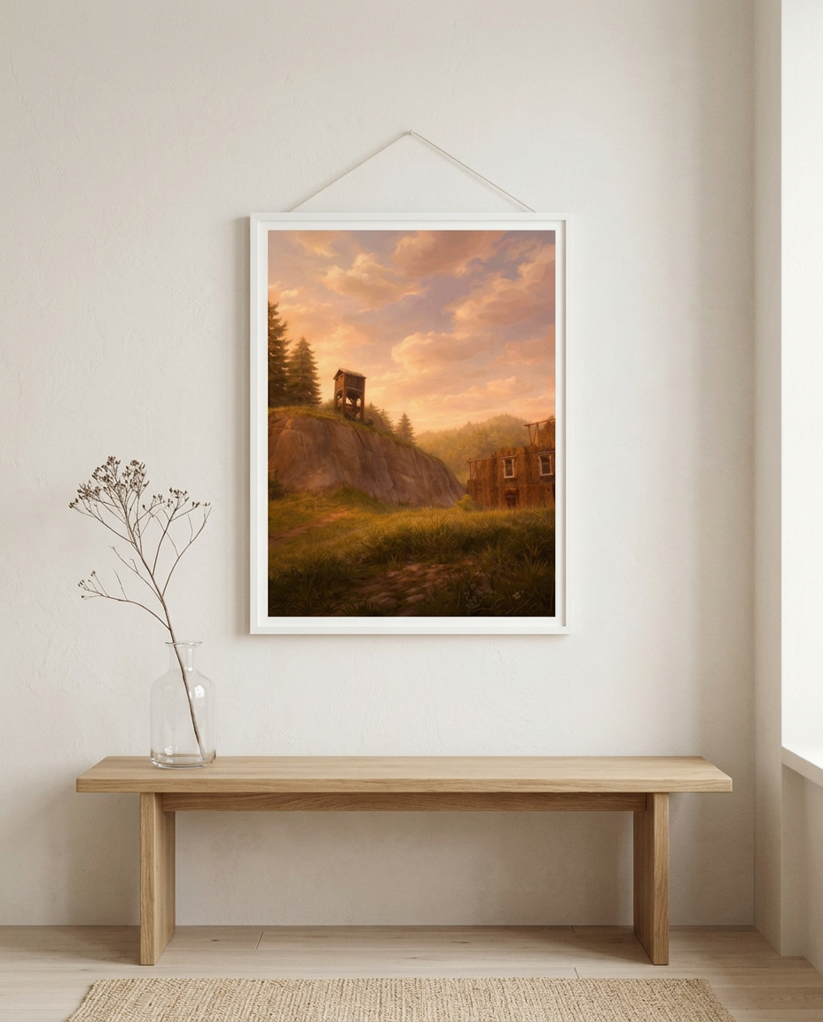 Poster: Nostalgic Sky, framed in a white wood frame